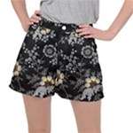 Black Background With Gray Flowers, Floral Black Texture Women s Ripstop Shorts