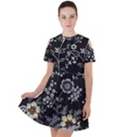 Black Background With Gray Flowers, Floral Black Texture Short Sleeve Shoulder Cut Out Dress 