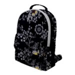 Black Background With Gray Flowers, Floral Black Texture Flap Pocket Backpack (Large)