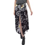Black Background With Gray Flowers, Floral Black Texture Velour Split Maxi Skirt