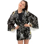 Black Background With Gray Flowers, Floral Black Texture Long Sleeve Kimono