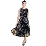 Black Background With Gray Flowers, Floral Black Texture Round Neck Boho Dress