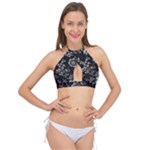 Black Background With Gray Flowers, Floral Black Texture Cross Front Halter Bikini Top