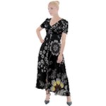 Black Background With Gray Flowers, Floral Black Texture Button Up Short Sleeve Maxi Dress