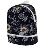 Black Background With Gray Flowers, Floral Black Texture Zip Bottom Backpack
