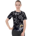 Black Background With Gray Flowers, Floral Black Texture Women s Sport Raglan T-Shirt