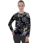 Black Background With Gray Flowers, Floral Black Texture Women s Long Sleeve Raglan T-Shirt