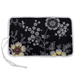 Black Background With Gray Flowers, Floral Black Texture Pen Storage Case (M)