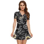 Black Background With Gray Flowers, Floral Black Texture V-Neck High Waist Chiffon Mini Dress