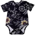 Black Background With Gray Flowers, Floral Black Texture Baby Short Sleeve Bodysuit
