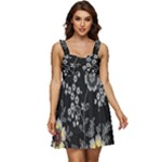 Black Background With Gray Flowers, Floral Black Texture Ruffle Strap Babydoll Chiffon Dress