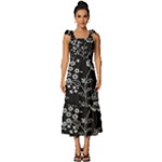 Black Background With Gray Flowers, Floral Black Texture Tie-Strap Tiered Midi Chiffon Dress