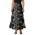Black Background With Gray Flowers, Floral Black Texture Tiered Ruffle Maxi Skirt