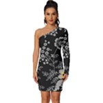Black Background With Gray Flowers, Floral Black Texture Long Sleeve One Shoulder Mini Dress