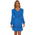 Blue Abstract, Background Pattern Long Sleeve Waist Tie Ruffle Velvet Dress