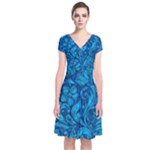 Blue Floral Pattern Texture, Floral Ornaments Texture Short Sleeve Front Wrap Dress