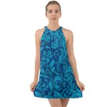 Blue Floral Pattern Texture, Floral Ornaments Texture Halter Tie Back Chiffon Dress