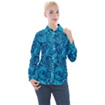 Blue Floral Pattern Texture, Floral Ornaments Texture Women s Long Sleeve Pocket Shirt