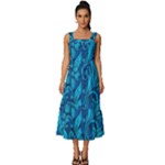 Blue Floral Pattern Texture, Floral Ornaments Texture Square Neckline Tiered Midi Dress