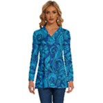 Blue Floral Pattern Texture, Floral Ornaments Texture Long Sleeve Drawstring Hooded Top
