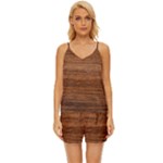 Brown Wooden Texture V-Neck Satin Pajamas Set