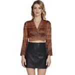 Brown Wooden Texture Long Sleeve Tie Back Satin Wrap Top