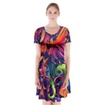 Colorful Floral Patterns, Abstract Floral Background Short Sleeve V-neck Flare Dress