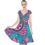 Floral Pattern, Abstract, Colorful, Flow Cap Sleeve Front Wrap Midi Dress