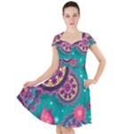 Floral Pattern, Abstract, Colorful, Flow Cap Sleeve Midi Dress