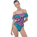 Floral Pattern, Abstract, Colorful, Flow Frill Detail One Piece Swimsuit