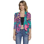 Floral Pattern, Abstract, Colorful, Flow Women s 3/4 Sleeve Ruffle Edge Open Front Jacket