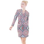 Flowers Pattern, Abstract, Art, Colorful Button Long Sleeve Dress