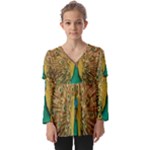 Peacock Feather Bird Peafowl Kids  V Neck Casual Top