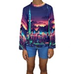 Cityscape Building Painting 3d City Illustration Kids  Long Sleeve Swimwear