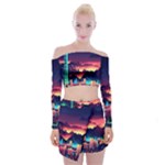 Cityscape Building Painting 3d City Illustration Off Shoulder Top with Mini Skirt Set