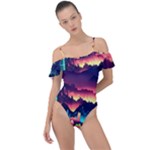Cityscape Building Painting 3d City Illustration Frill Detail One Piece Swimsuit