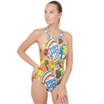 Colorful City Life Horizontal Seamless Pattern Urban City High Neck One Piece Swimsuit