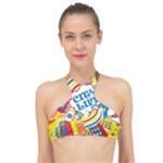 Colorful City Life Horizontal Seamless Pattern Urban City High Neck Bikini Top