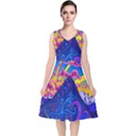Blue And Purple Mountain Painting Psychedelic Colorful Lines V-Neck Midi Sleeveless Dress 