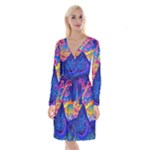 Blue And Purple Mountain Painting Psychedelic Colorful Lines Long Sleeve Velvet Front Wrap Dress