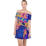 Blue And Purple Mountain Painting Psychedelic Colorful Lines Off Shoulder Chiffon Dress