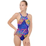 Blue And Purple Mountain Painting Psychedelic Colorful Lines High Neck One Piece Swimsuit