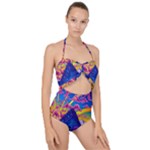Blue And Purple Mountain Painting Psychedelic Colorful Lines Scallop Top Cut Out Swimsuit