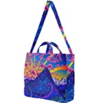 Blue And Purple Mountain Painting Psychedelic Colorful Lines Square Shoulder Tote Bag