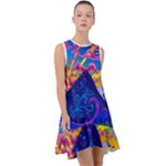 Blue And Purple Mountain Painting Psychedelic Colorful Lines Frill Swing Dress