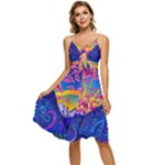 Blue And Purple Mountain Painting Psychedelic Colorful Lines Sleeveless Tie Front Chiffon Dress