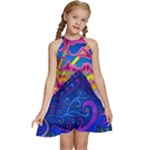Blue And Purple Mountain Painting Psychedelic Colorful Lines Kids  Halter Collar Waist Tie Chiffon Dress