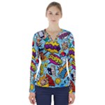 Vintage Tattoos Colorful Seamless Pattern V-Neck Long Sleeve Top