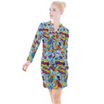 Vintage Art Tattoos Colorful Seamless Pattern Button Long Sleeve Dress
