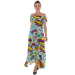 Vintage Art Tattoos Colorful Seamless Pattern Off Shoulder Open Front Chiffon Dress